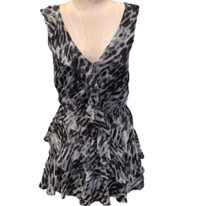 BCBG Maxazria 100% Silk Animal Leopard Print Ruffled Cocktail Sleeveless Dress